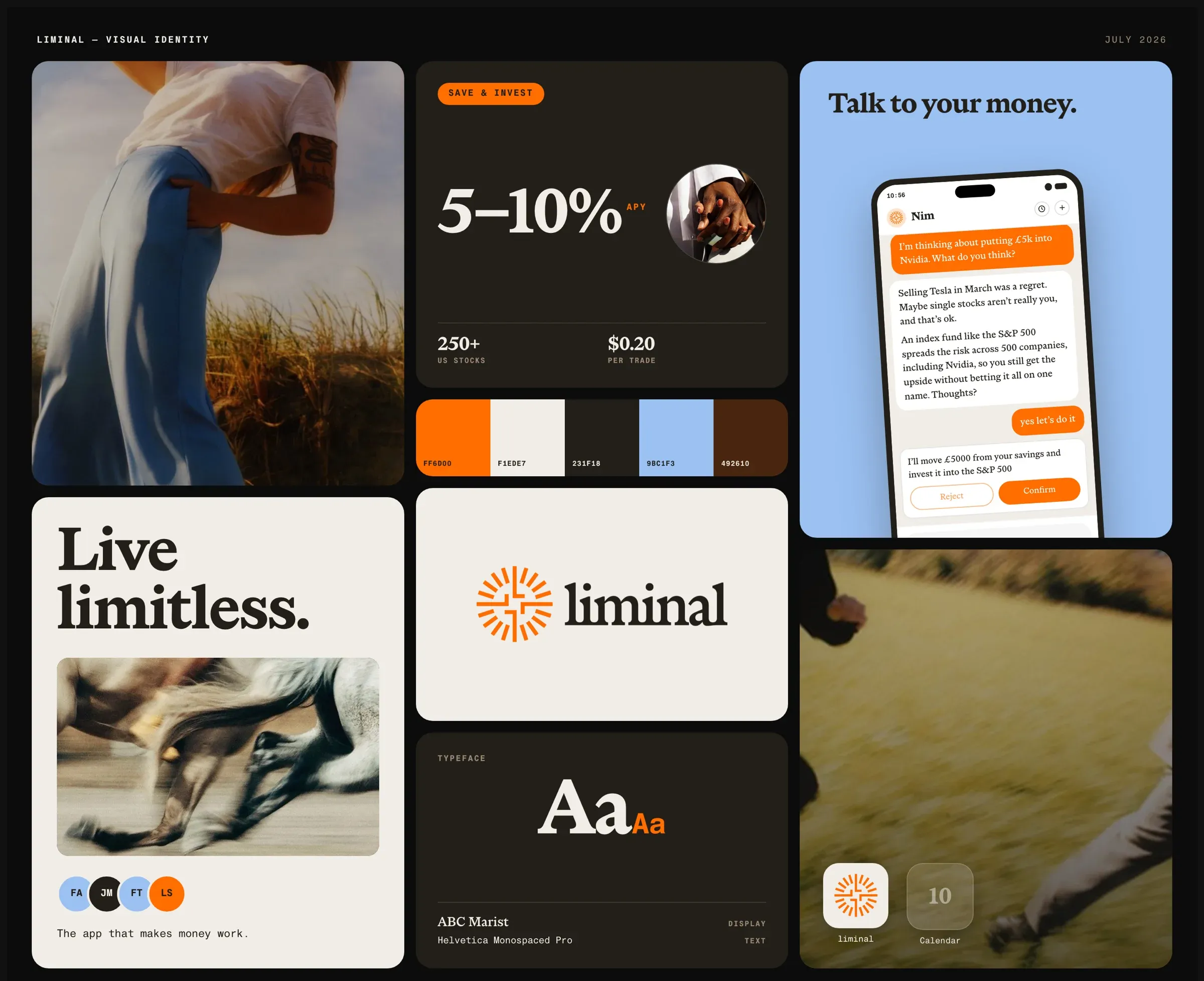 The Liminal visual identity board: logo, colour palette, typefaces and product surfaces