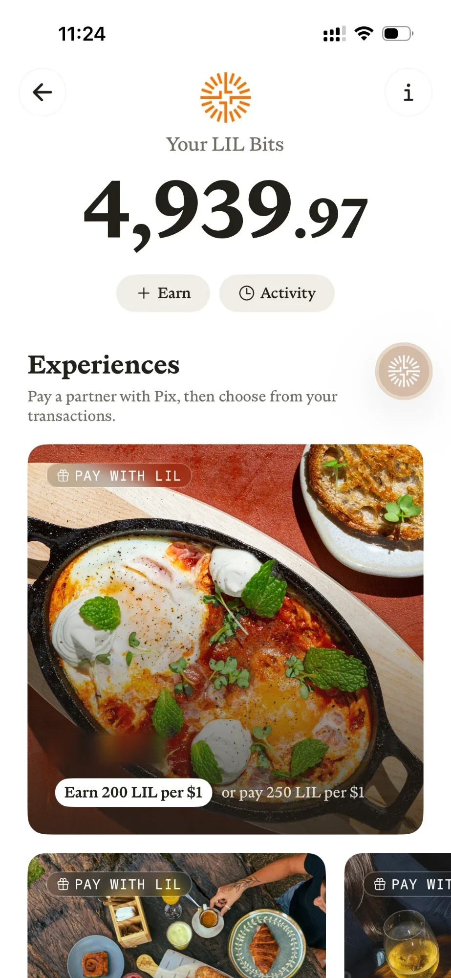 The Liminal Rewards page, showing a partner offer under Experiences