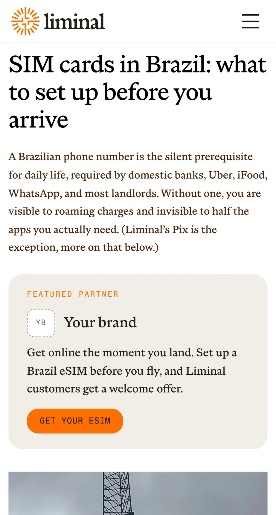 The Liminal guide to SIM cards in Brazil on a phone, with a featured partner card in its introduction