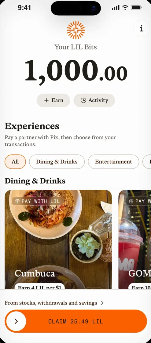The Liminal rewards screen: a LIL Bits balance and partner cafés and bars where you earn by paying with Pix.